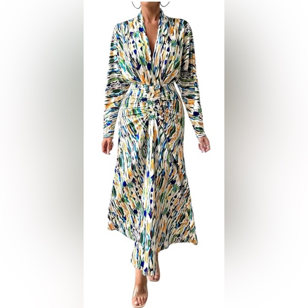 NEW Print Deep V Neck Ruched Front Long Sleeve Bodycon Maxi Dress S